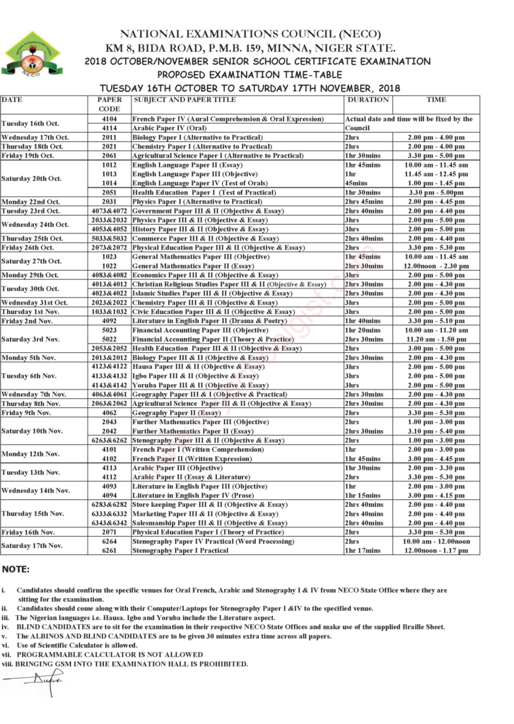 2018 NECO GCE Timetable for Nov/Dec Exam